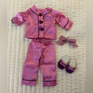 American Girl Pink Pajama Set with Purple Slippers and Bow